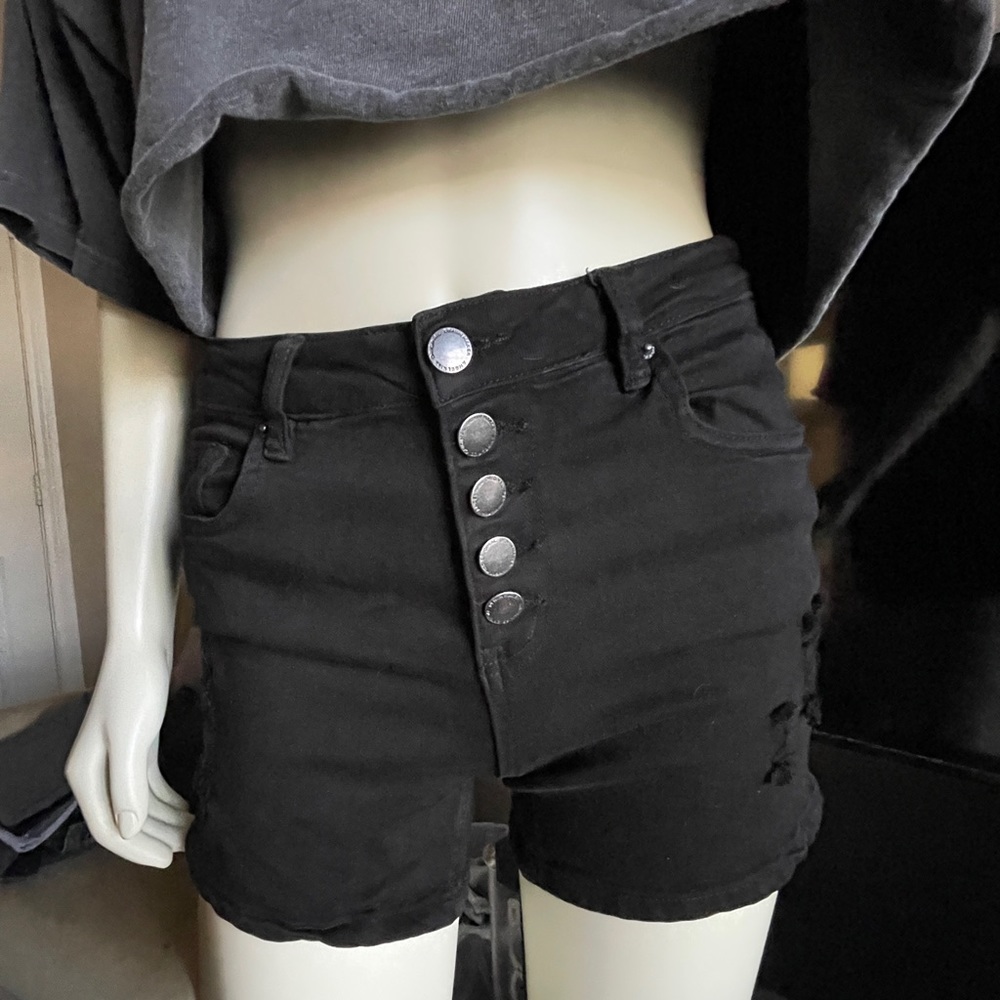 High Waisted Black Button Up Shorts